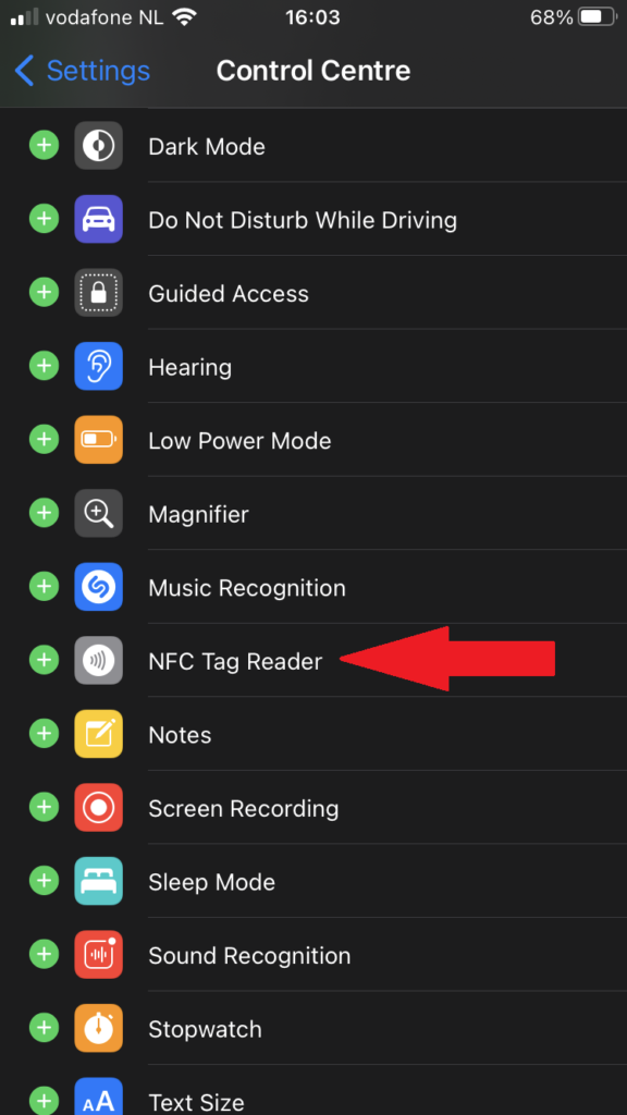 Adding NFC Tag Reader to Control Centre in iOS